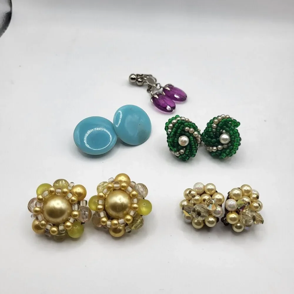 Lot of 5 Clip On Earrrings Vintage 60s 